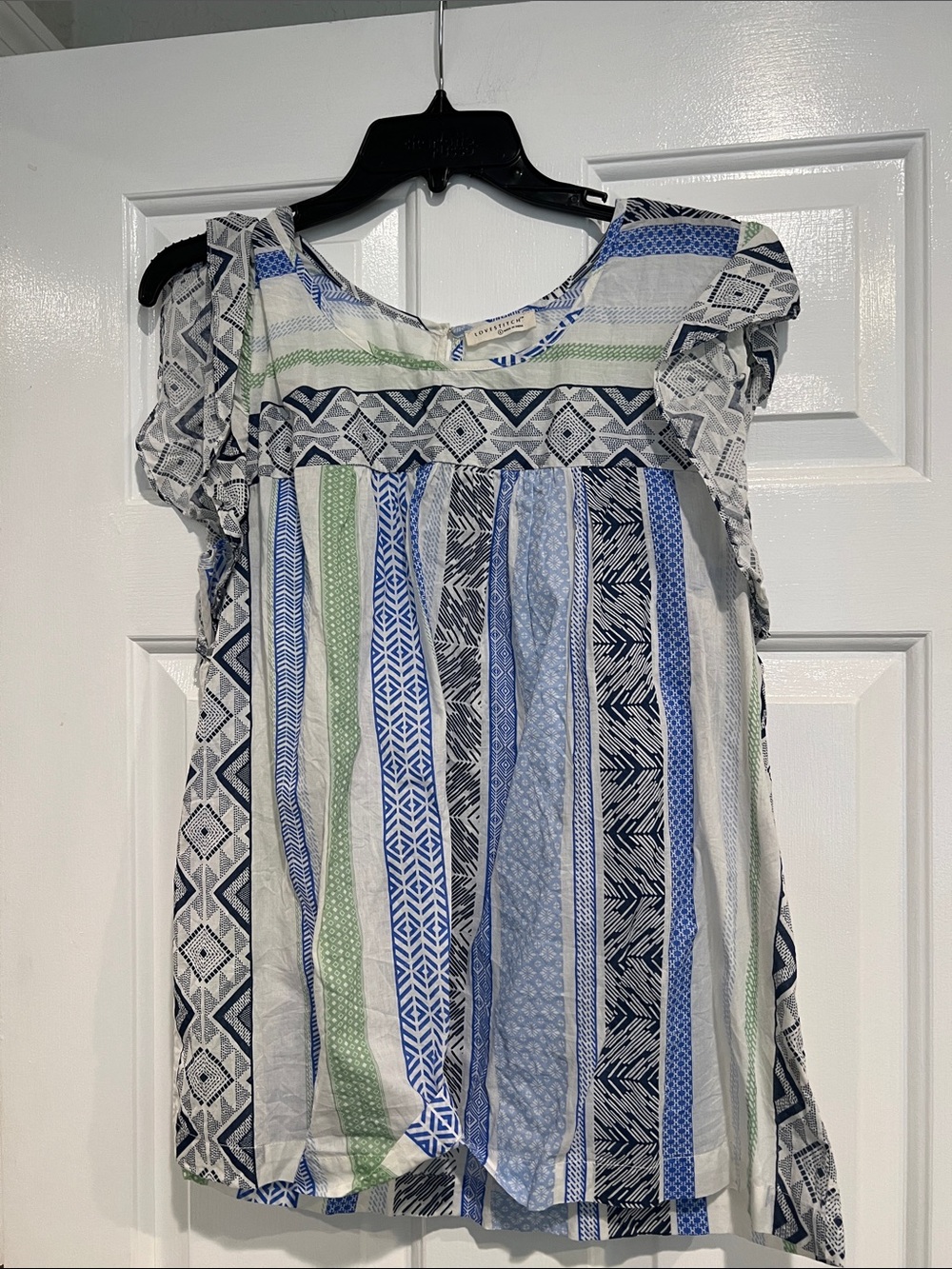 lovestitch Blue, Navy & Green Striped Ruffle Sleeve Dress